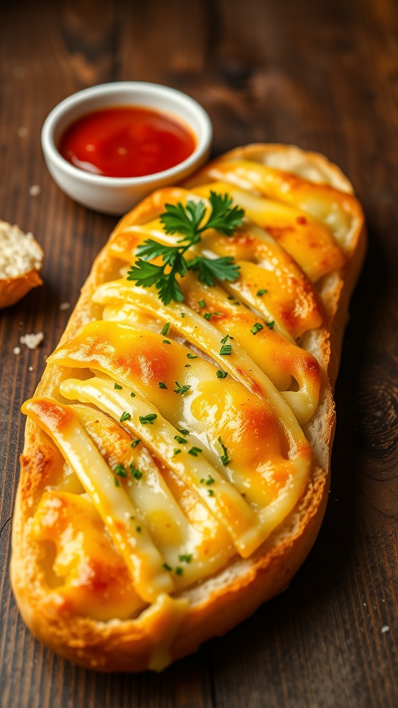 Cheesy garlic bread sliced and topped with melted mozzarella and parsley, served with marinara sauce.